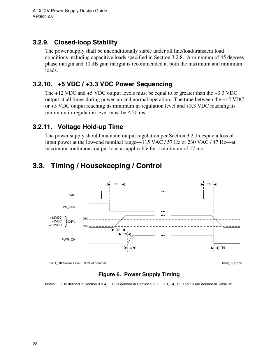 Closed-loop stability, +5 vdc / +3.3 vdc power sequencing, Voltage hold-up time | Timing / housekeeping / control, Figure 6. power supply timing | Intel ATX12V User Manual | Page 22 / 43