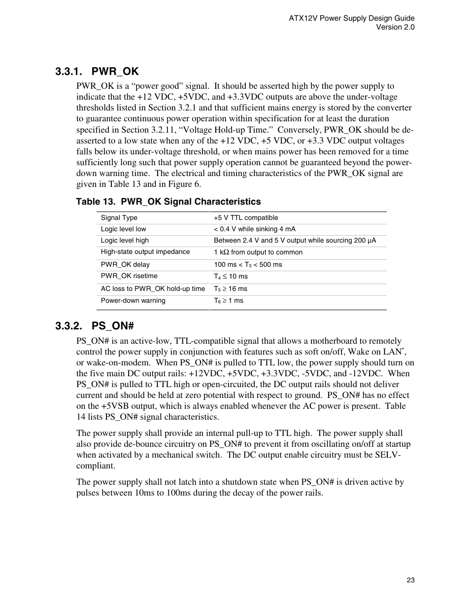Pwr_ok, Ps_on, Table 13. pwr_ok signal characteristics | Table 13 | Intel ATX12V User Manual | Page 23 / 43
