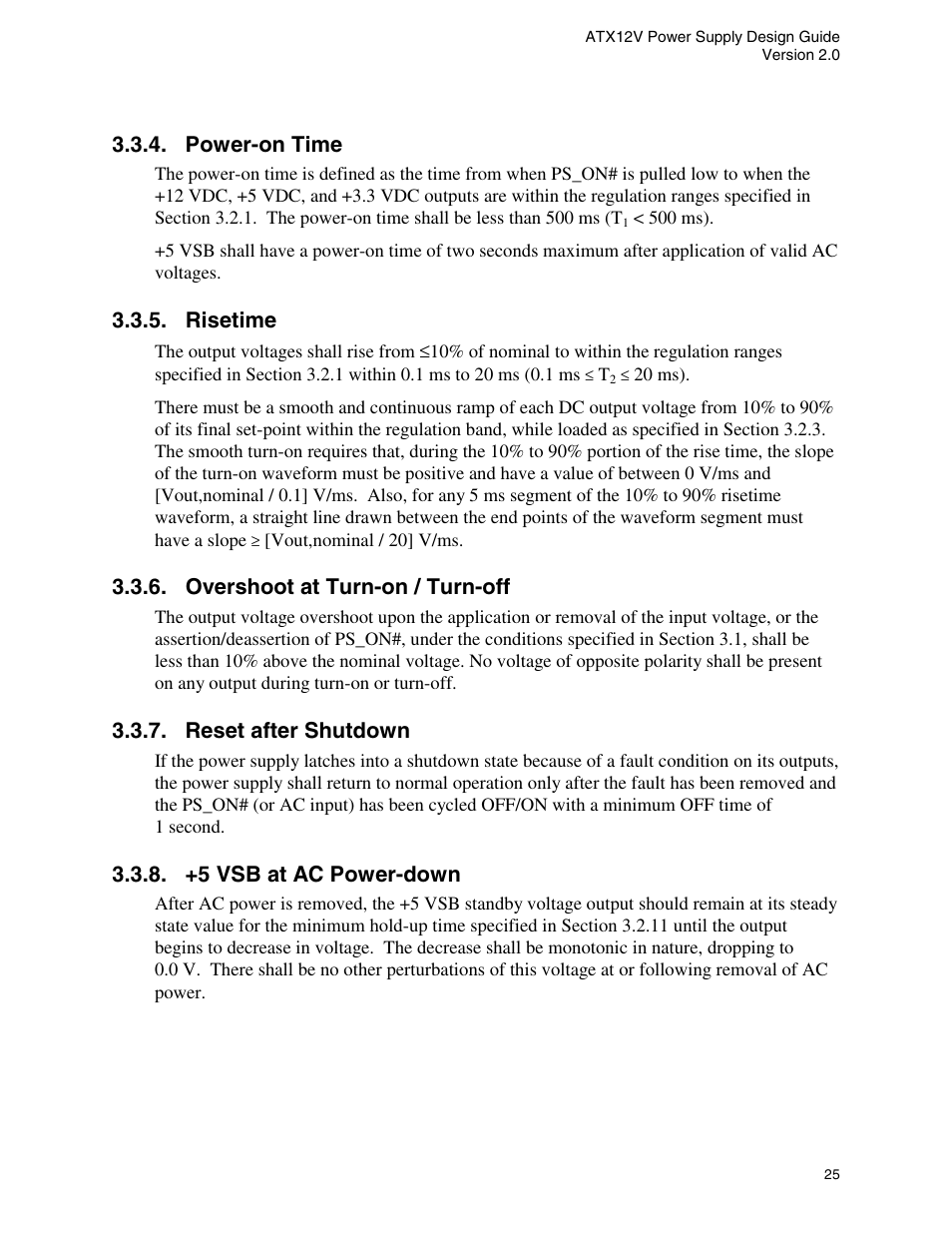 Power-on time, Risetime, Overshoot at turn-on / turn-off | Reset after shutdown, +5 vsb at ac power-down, On 3.3.4, On 3.3.5 | Intel ATX12V User Manual | Page 25 / 43
