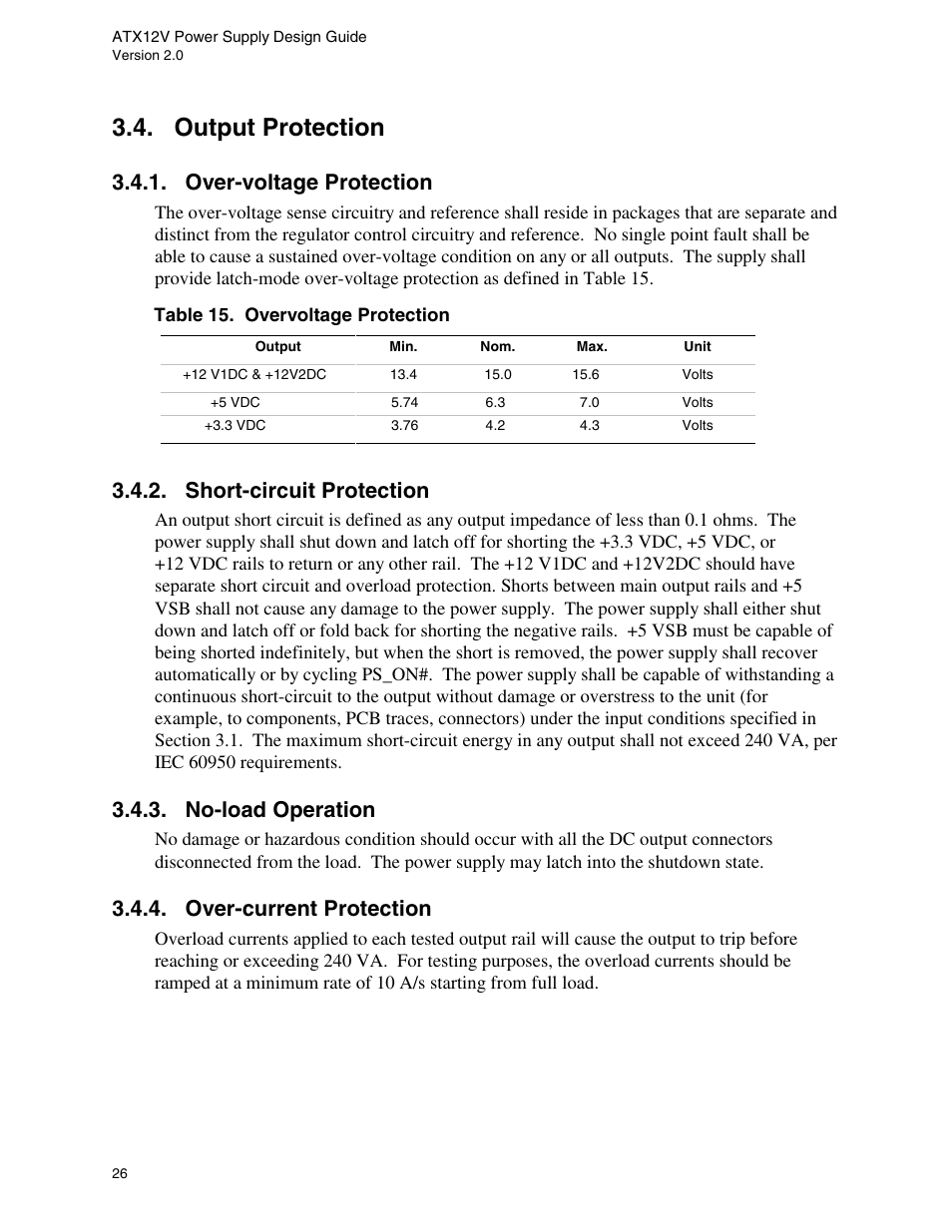 Output protection, Over-voltage protection, Short-circuit protection | No-load operation, Over-current protection, Table 15. overvoltage protection | Intel ATX12V User Manual | Page 26 / 43