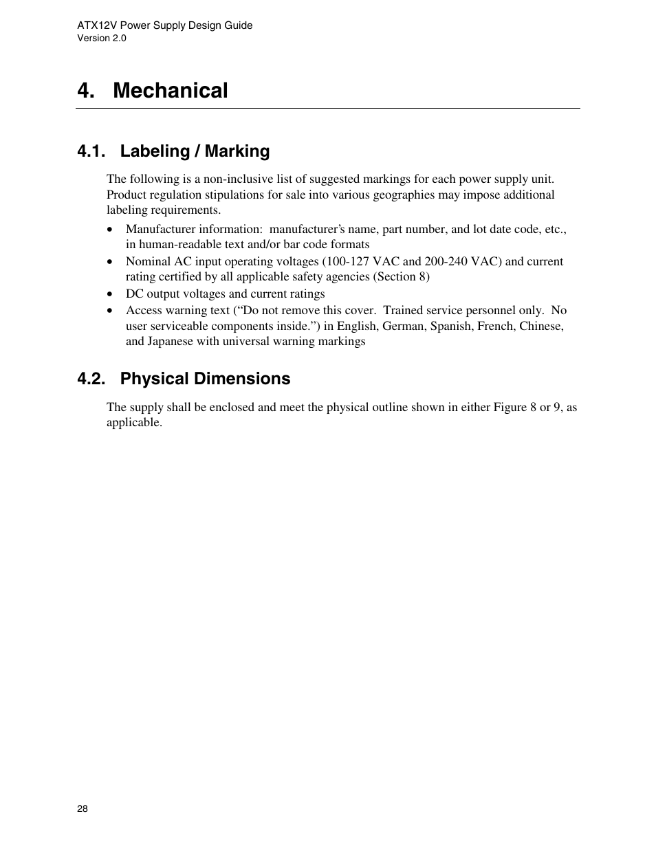 Mechanical, Labeling / marking, Physical dimensions | Intel ATX12V User Manual | Page 28 / 43