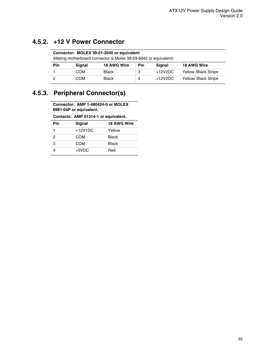 +12 v power connector, Peripheral connector(s) | Intel ATX12V User Manual | Page 35 / 43