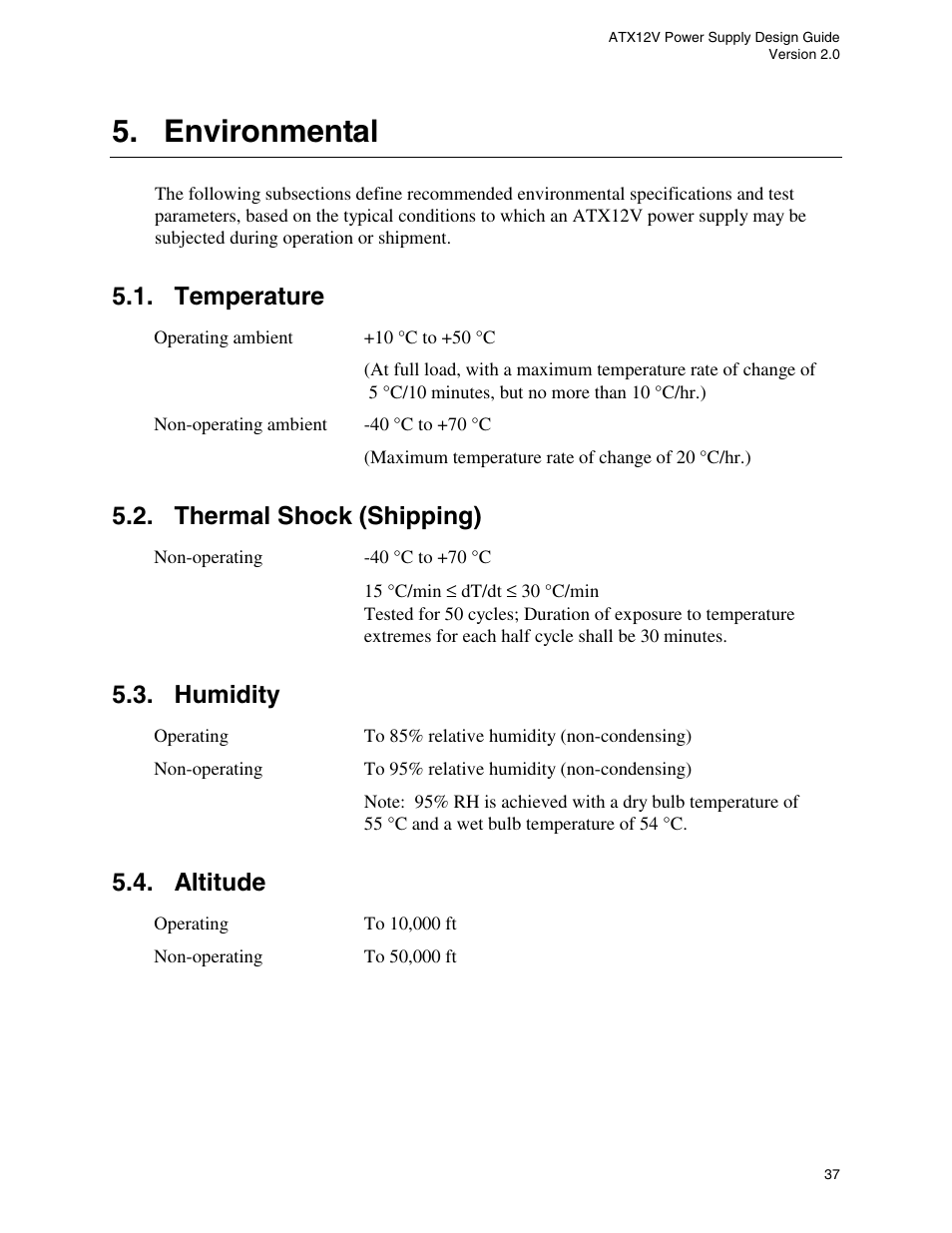 Environmental, Temperature, Thermal shock (shipping) | Humidity, Altitude | Intel ATX12V User Manual | Page 37 / 43