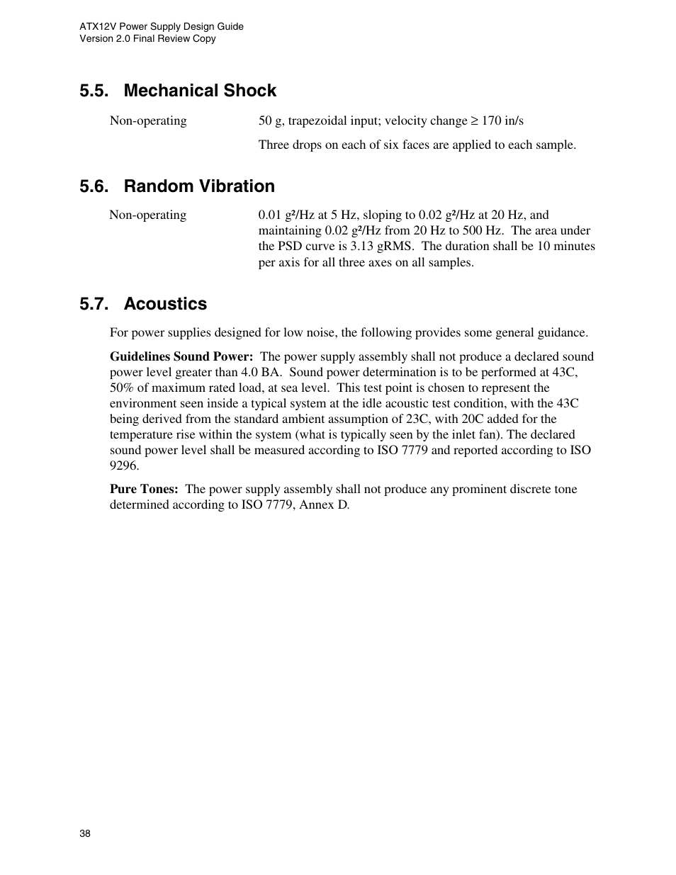 Mechanical shock, Random vibration, Acoustics | Intel ATX12V User Manual | Page 38 / 43