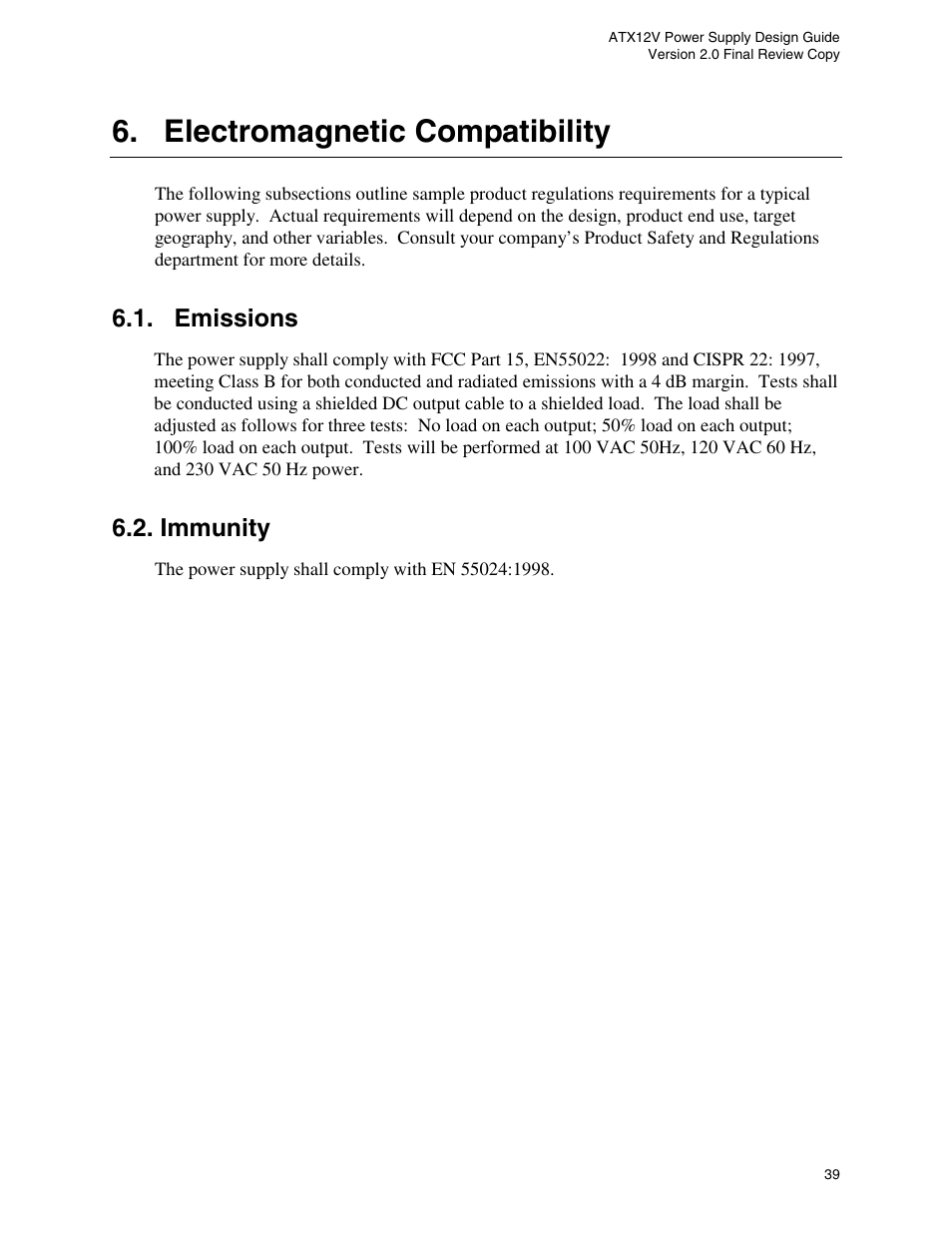 Electromagnetic compatibility, Emissions, Immunity | Intel ATX12V User Manual | Page 39 / 43