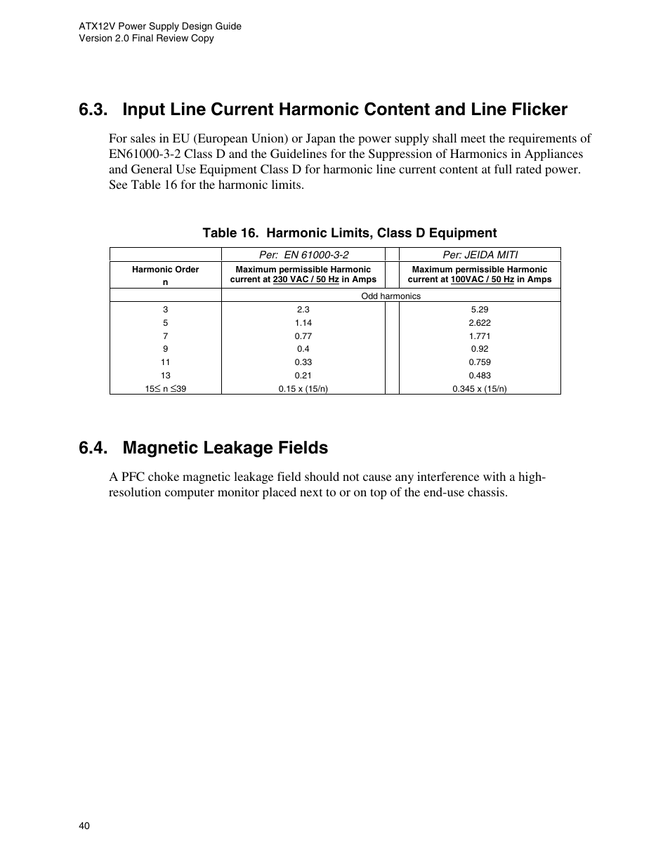 Magnetic leakage fields, Table 16. harmonic limits, class d equipment | Intel ATX12V User Manual | Page 40 / 43