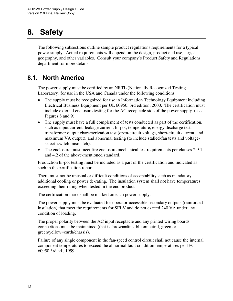 Safety, North america | Intel ATX12V User Manual | Page 42 / 43