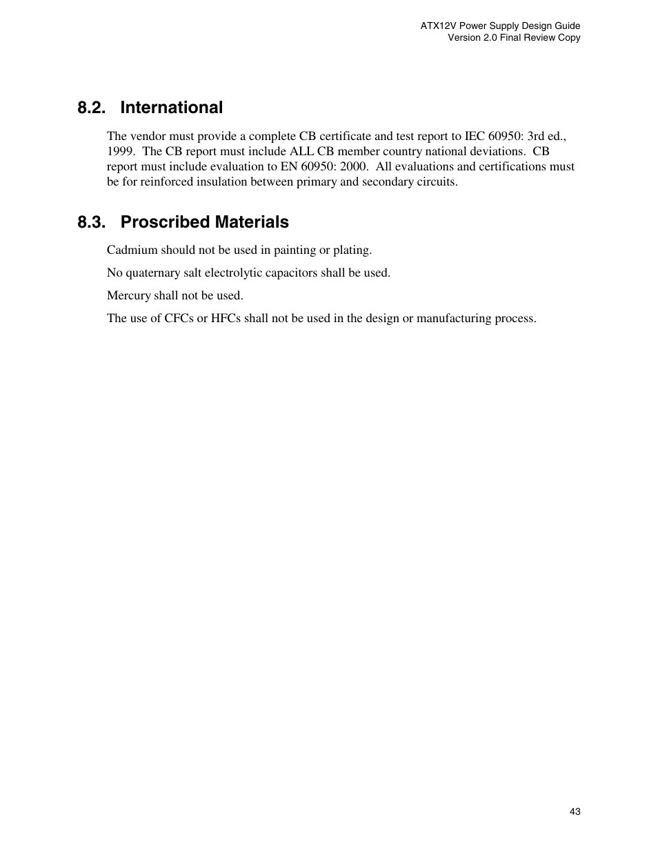International, Proscribed materials | Intel ATX12V User Manual | Page 43 / 43