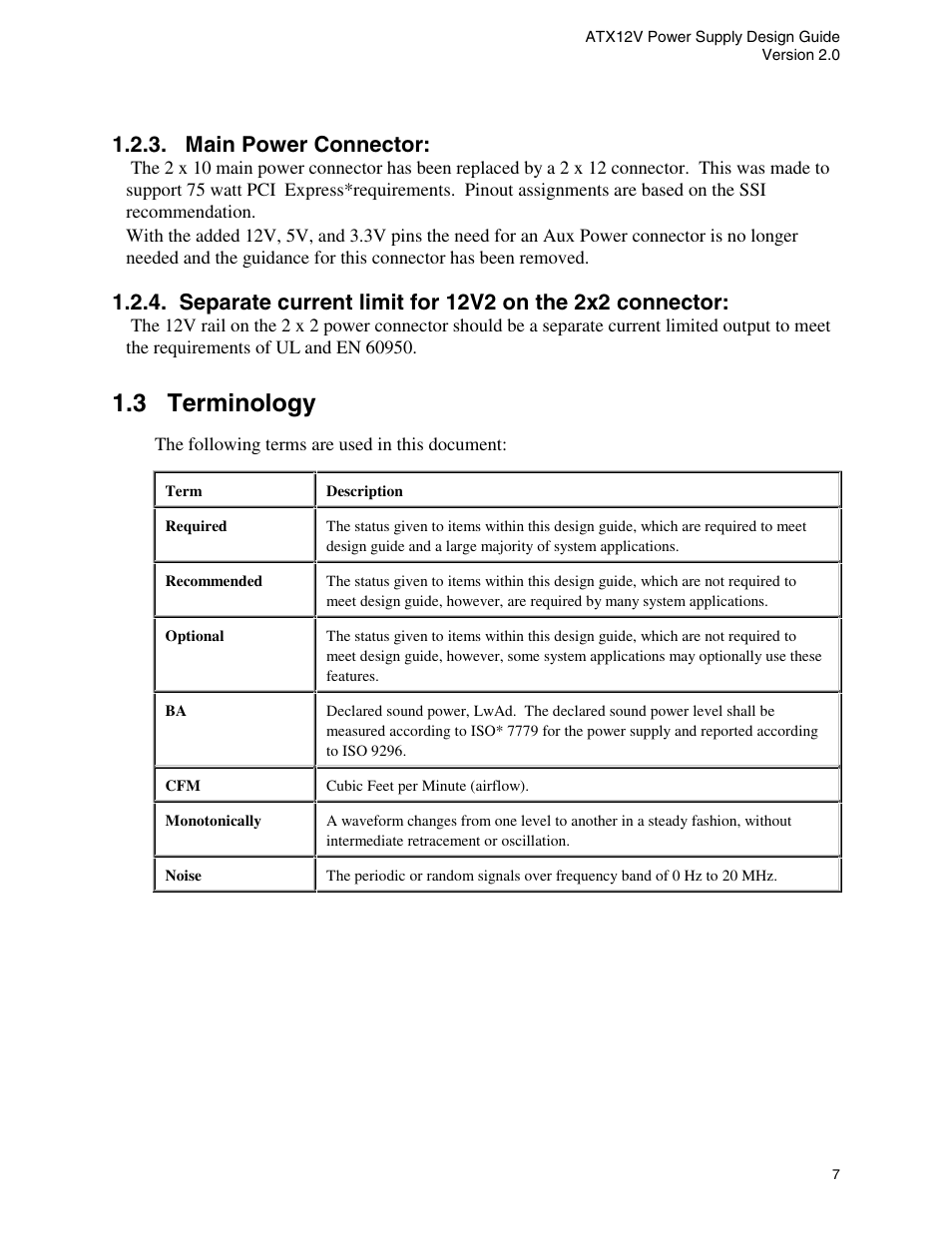 Main power connector, 3 terminology | Intel ATX12V User Manual | Page 7 / 43