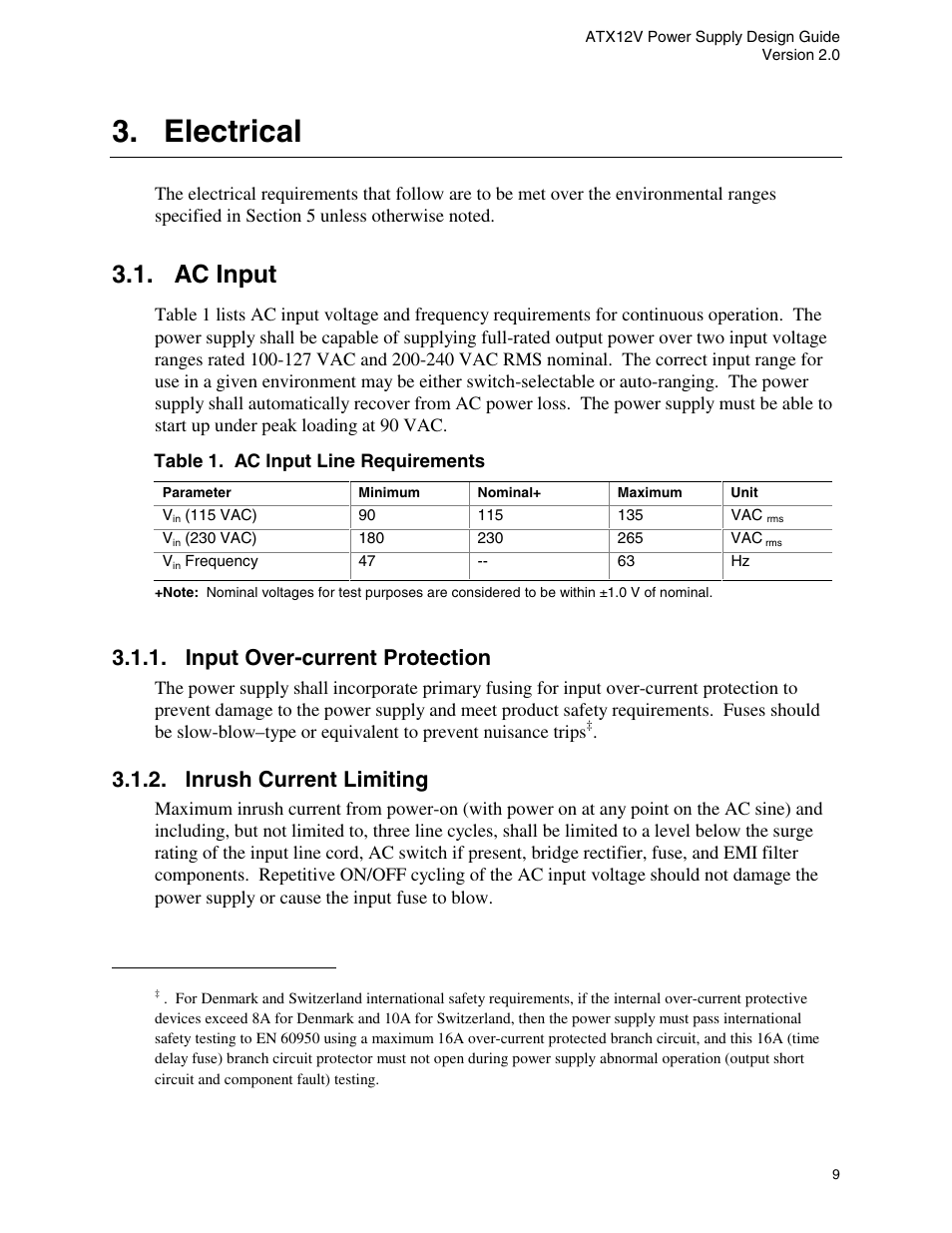 Electrical, Ac input, Input over-current protection | Inrush current limiting, Table 1. ac input line requirements | Intel ATX12V User Manual | Page 9 / 43