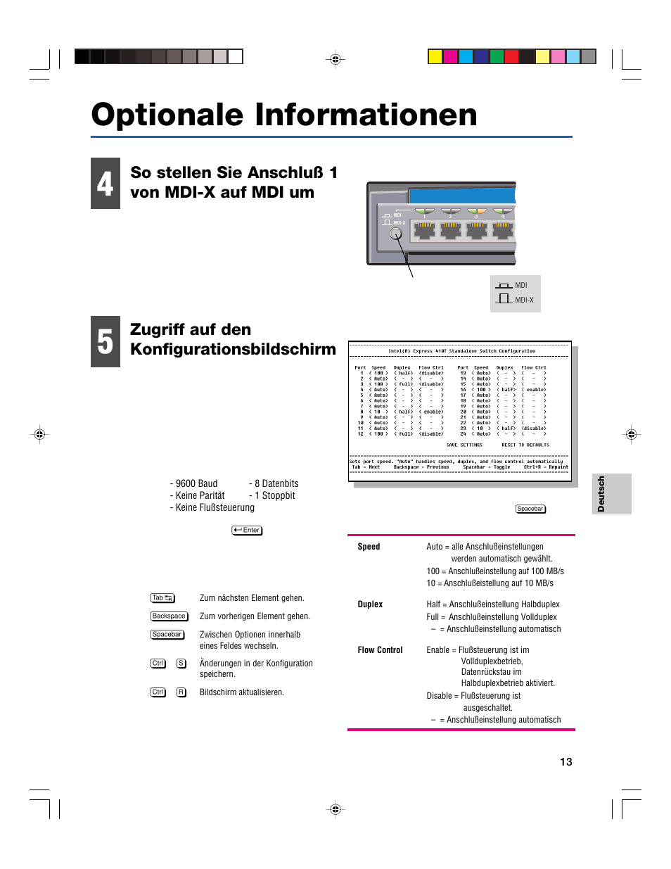 Optionale informationen, So stellen sie anschluß 1 von mdi-x auf mdi um, Zugriff auf den konfigurationsbildschirm | Intel 410T User Manual | Page 15 / 40