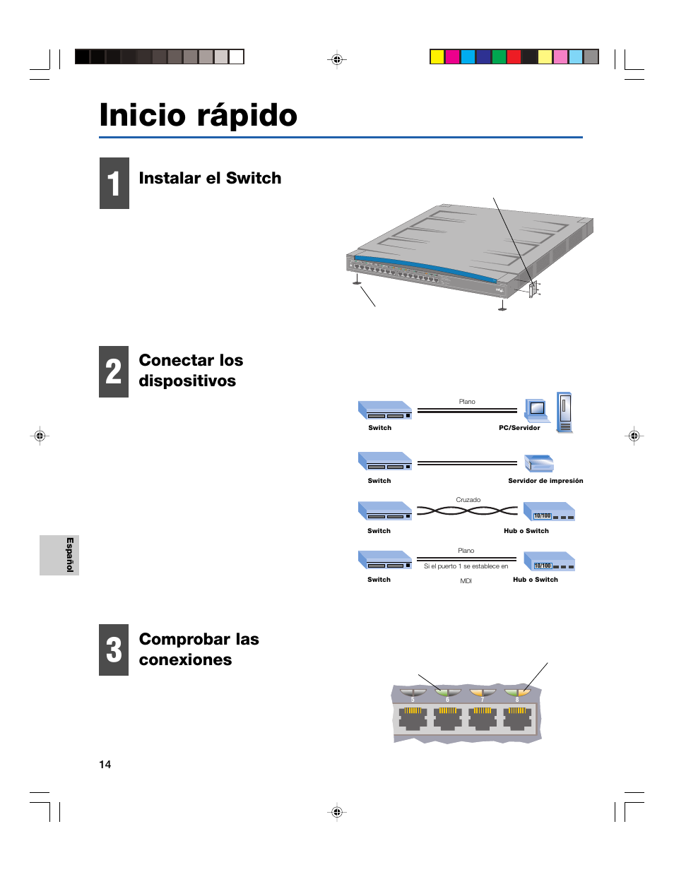 Inicio rápido, Instalar el switch comprobar las conexiones, Conectar los dispositivos | Intel 410T User Manual | Page 16 / 40