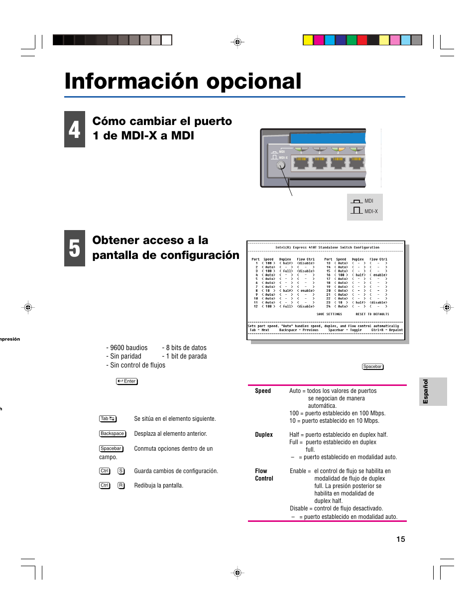 Información opcional, Cómo cambiar el puerto 1 de mdi-x a mdi, Obtener acceso a la pantalla de configuración | Intel 410T User Manual | Page 17 / 40