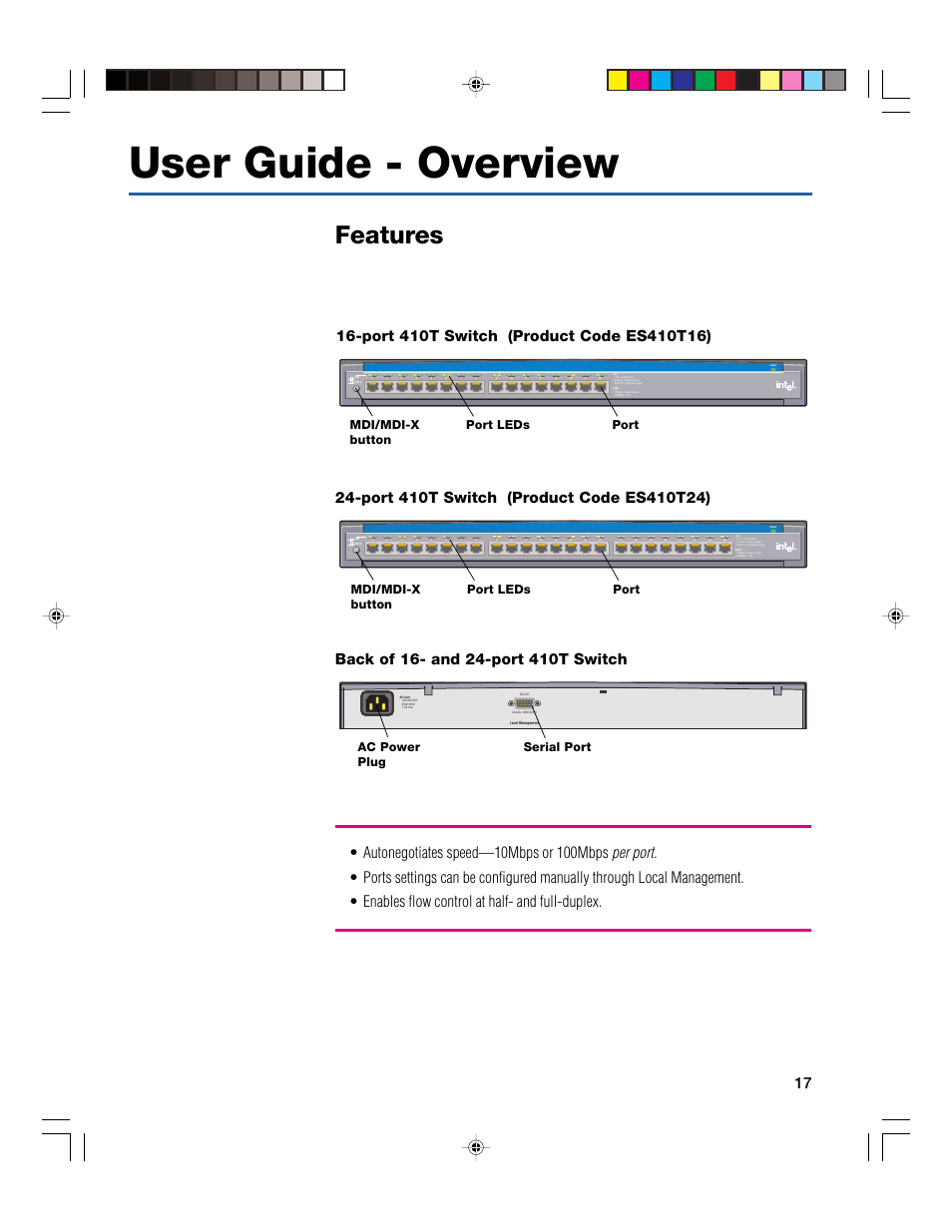 User guide - overview, Features, Express 410t standalone switch | Port port leds, Ac power plug | Intel 410T User Manual | Page 19 / 40
