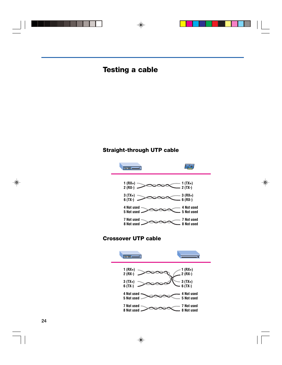 Testing a cable, Straight-through utp cable, Crossover utp cable | Intel 410T User Manual | Page 26 / 40