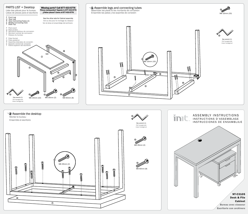 Parts list • desktop, 1assemble legs and connecting tubes, 2assemble the desktop | Init NT-C3105 User Manual | Page 2 / 2