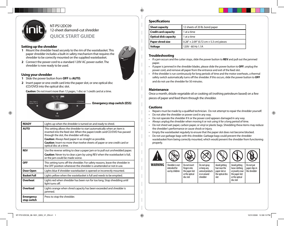 Init NT-PS12DC09 User Manual | 2 pages