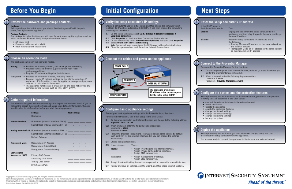 Before you begin initial configuration next steps, Review the hardware and package contents, Verify the setup computer’s ip settings | Connect to the proventia manager, Configure the system and the protection features, Deploy the appliance, Configure basic appliance settings, Reset the setup computer’s ip address, Choose an operation mode | Internet Security Systems MX1004 User Manual | Page 2 / 2