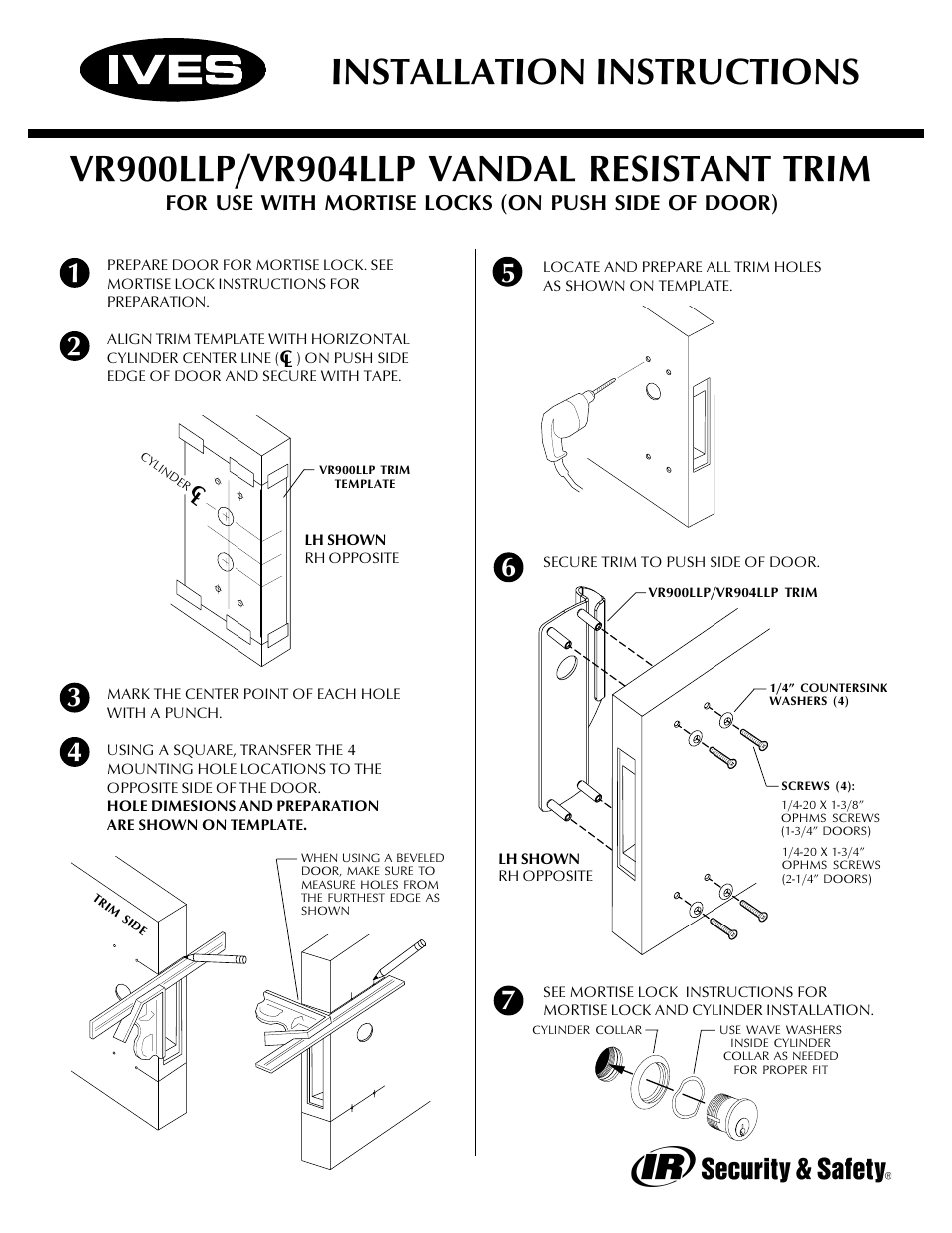 Installation instructions, For use with mortise locks (on push side of door) | Ives VR900 User Manual | Page 2 / 2