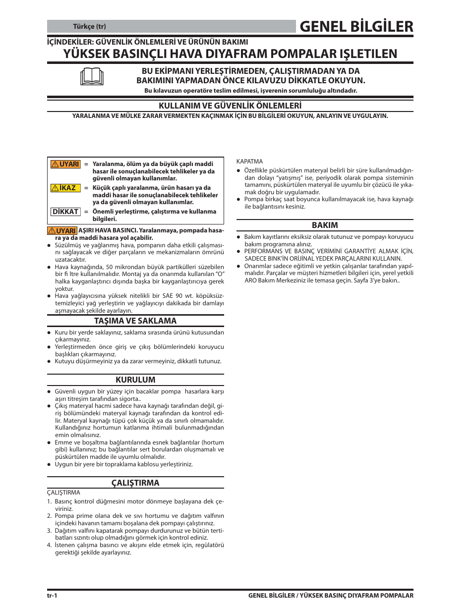 Genel bilgiler, Yüksek basinçli hava diyafram pompalar işletilen, Kullanim ve güvenlik önlemleri | Taşima ve saklama, Kurulum, Çaliştirma, Bakim | Ives S-634 User Manual | Page 28 / 53