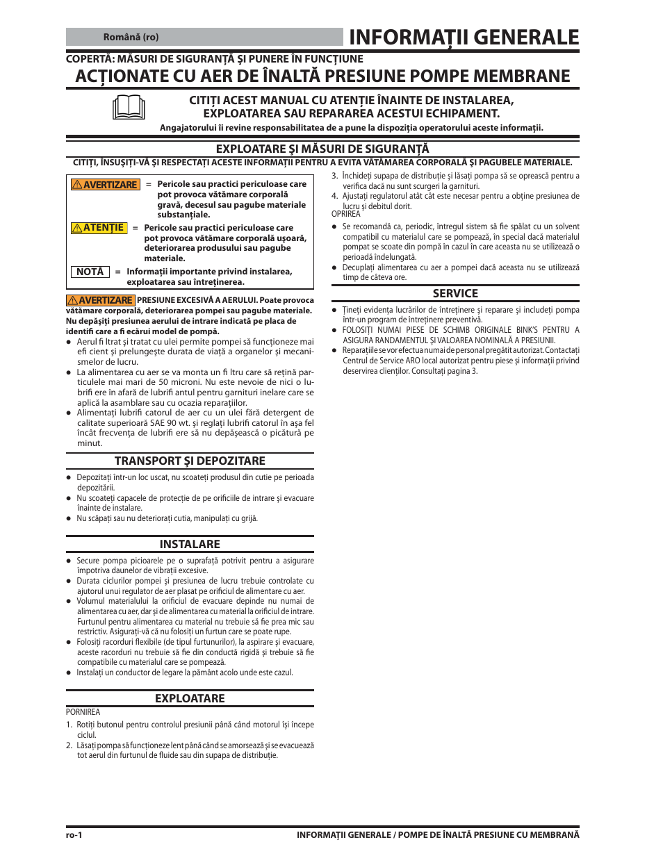 Informaţii generale, Acţionate cu aer de înaltă presiune pompe membrane, Exploatare şi măsuri de siguranţă | Transport şi depozitare, Instalare, Exploatare, Service | Ives S-634 User Manual | Page 50 / 53