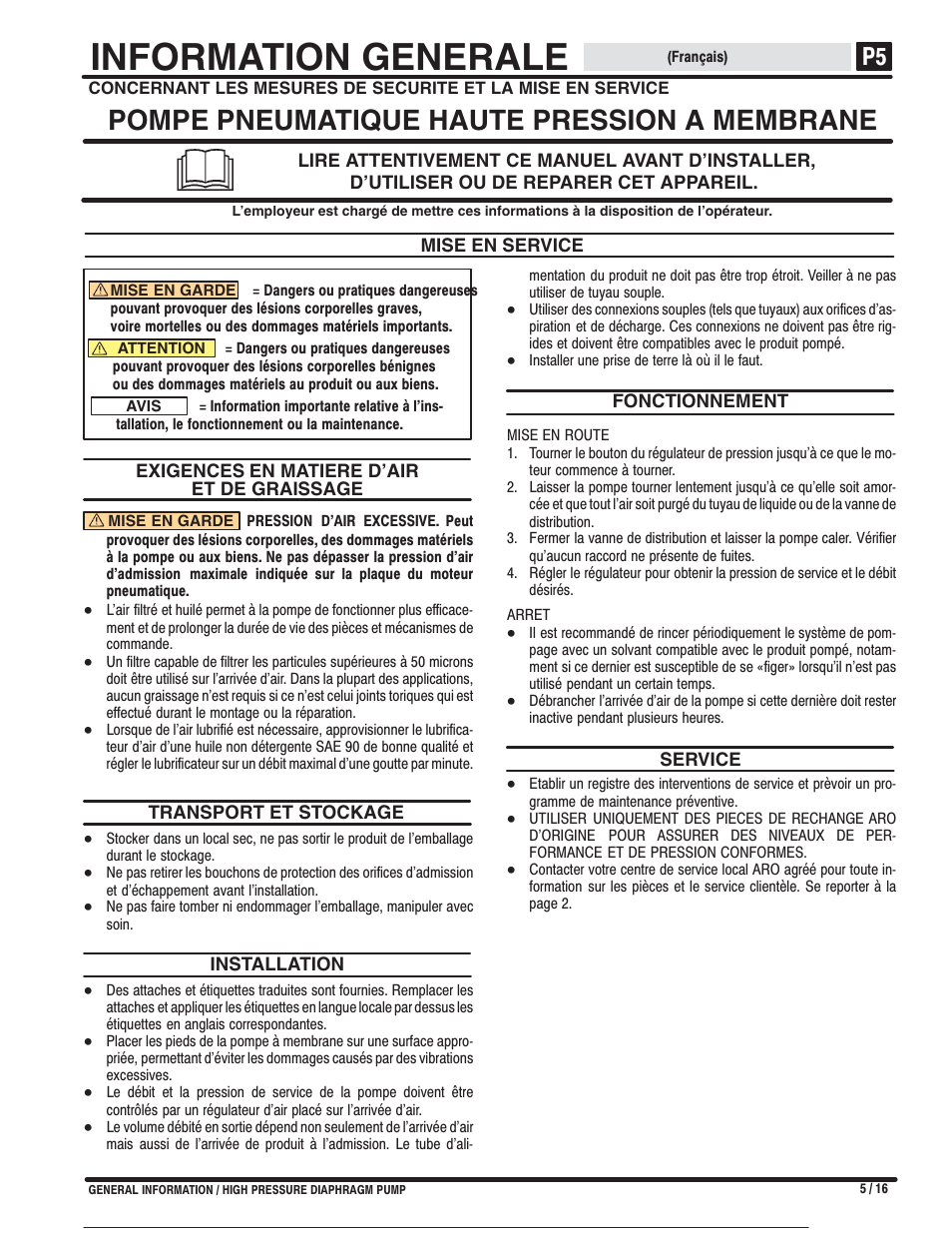 Information generale, Pompe pneumatique haute pression a membrane | Ives S-634 User Manual | Page 6 / 53