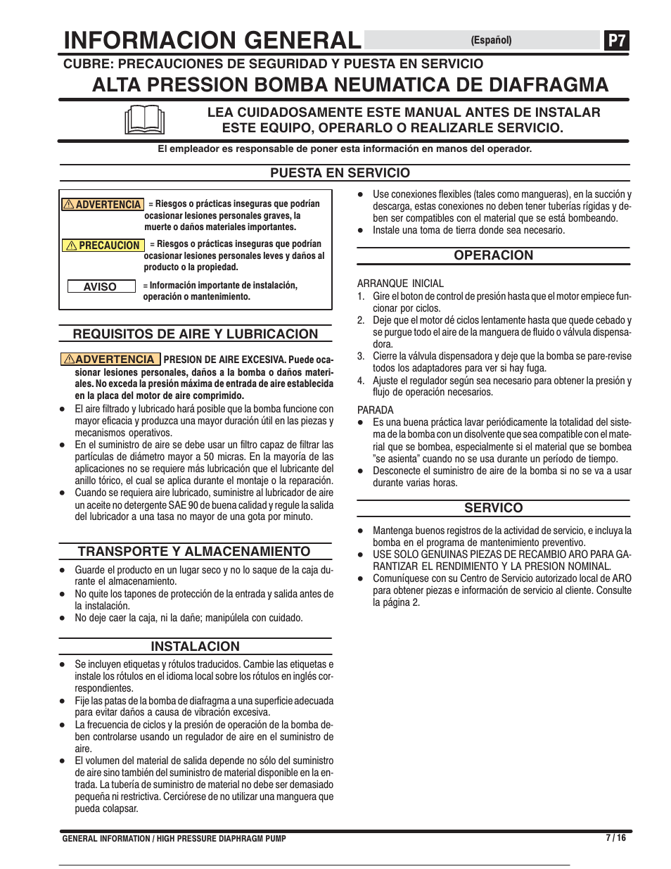 Informacion general, Alta pression bomba neumatica de diafragma | Ives S-634 User Manual | Page 8 / 53