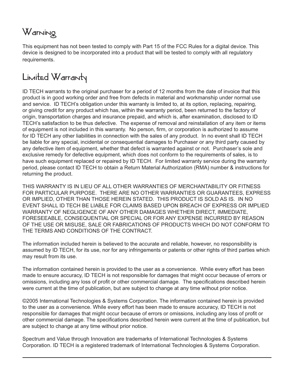 Warning, Limited warranty | ID Tech Spectrum IIa User Manual | Page 2 / 12