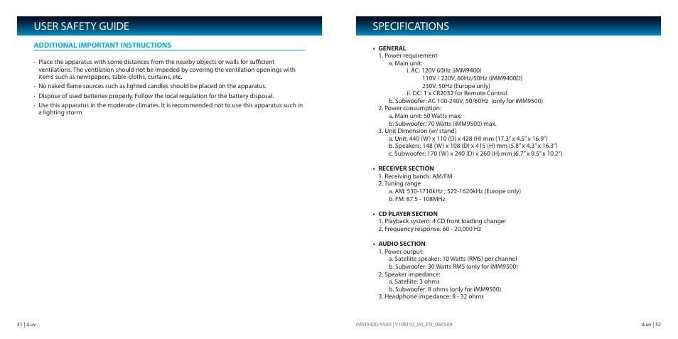 Specifications, User safety guide | Iluv IMM9400 User Manual | Page 17 / 18