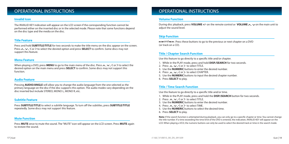 Operational instructions | Iluv i1166 User Manual | Page 10 / 18