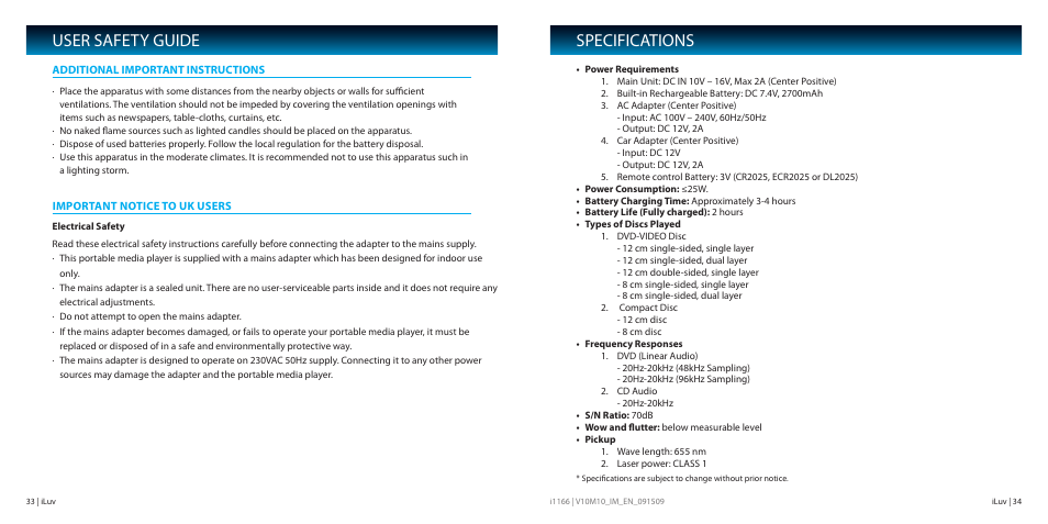 User safety guide, Specifications | Iluv i1166 User Manual | Page 18 / 18