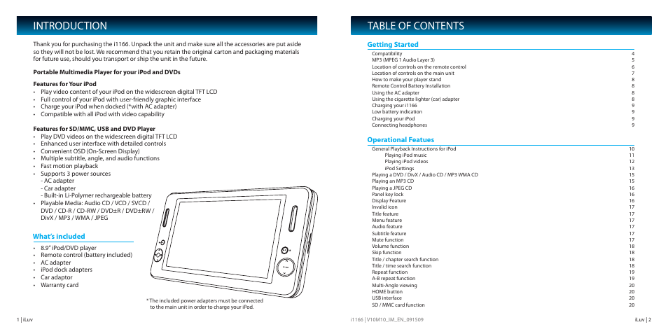 Table of contents introduction | Iluv i1166 User Manual | Page 2 / 18