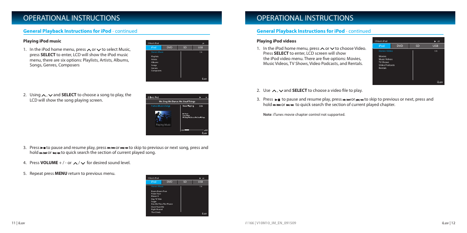 Operational instructions, General playback instructions for ipod - continued | Iluv i1166 User Manual | Page 7 / 18