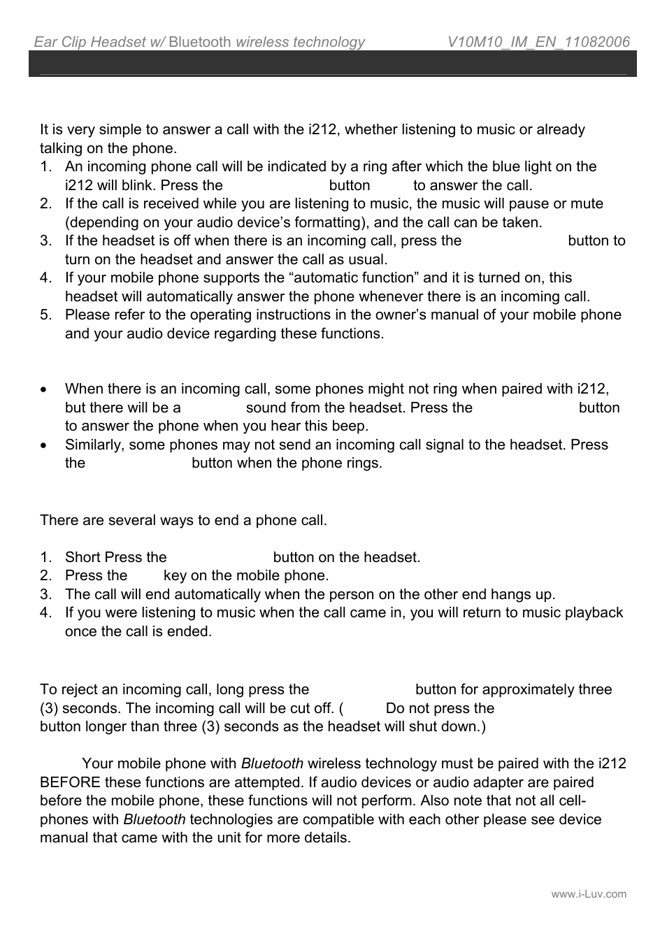 Operating instructions answering a call, Ending a call, Rejecting a call | Iluv i212 User Manual | Page 15 / 19