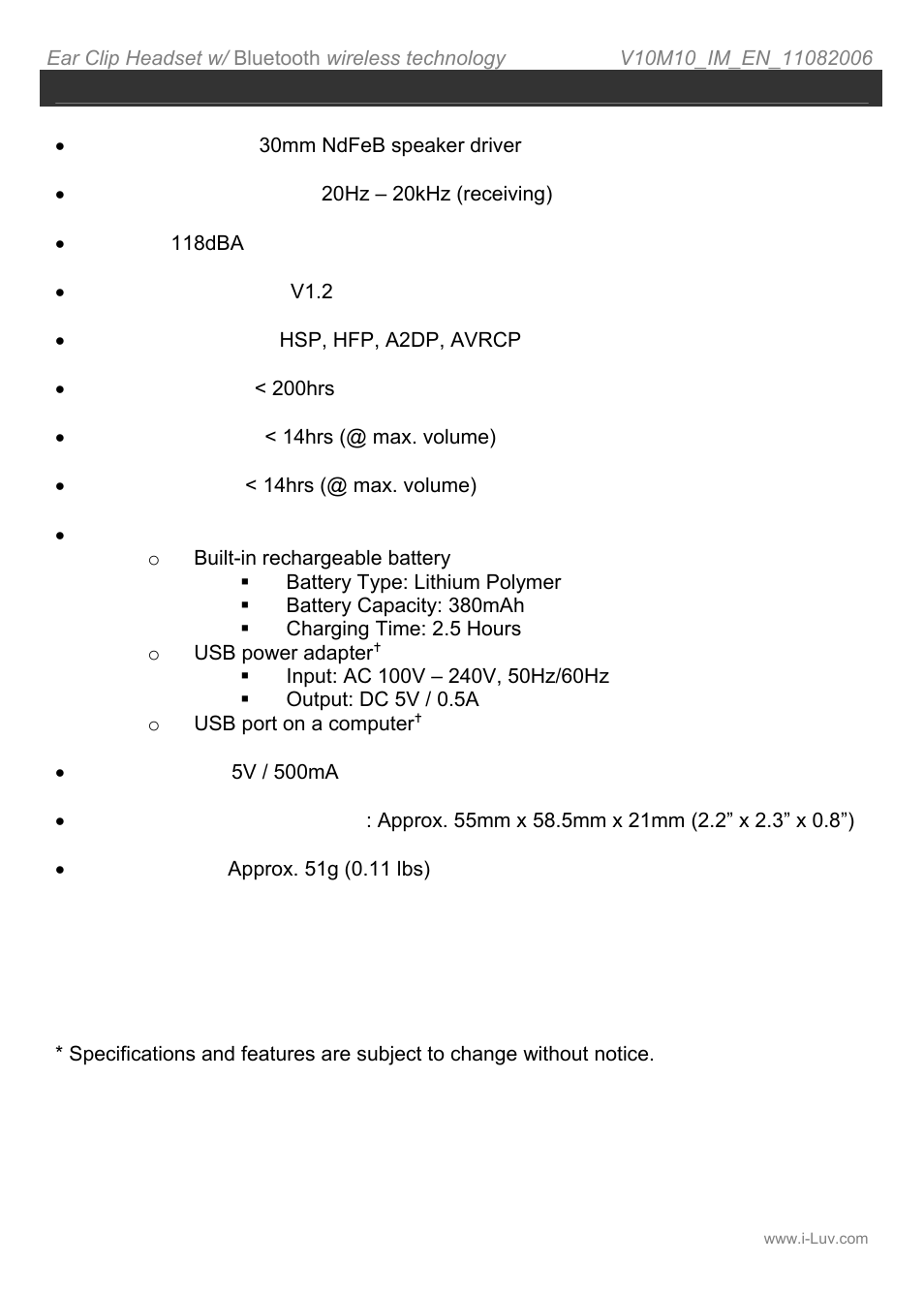 Product specifications | Iluv i212 User Manual | Page 18 / 19