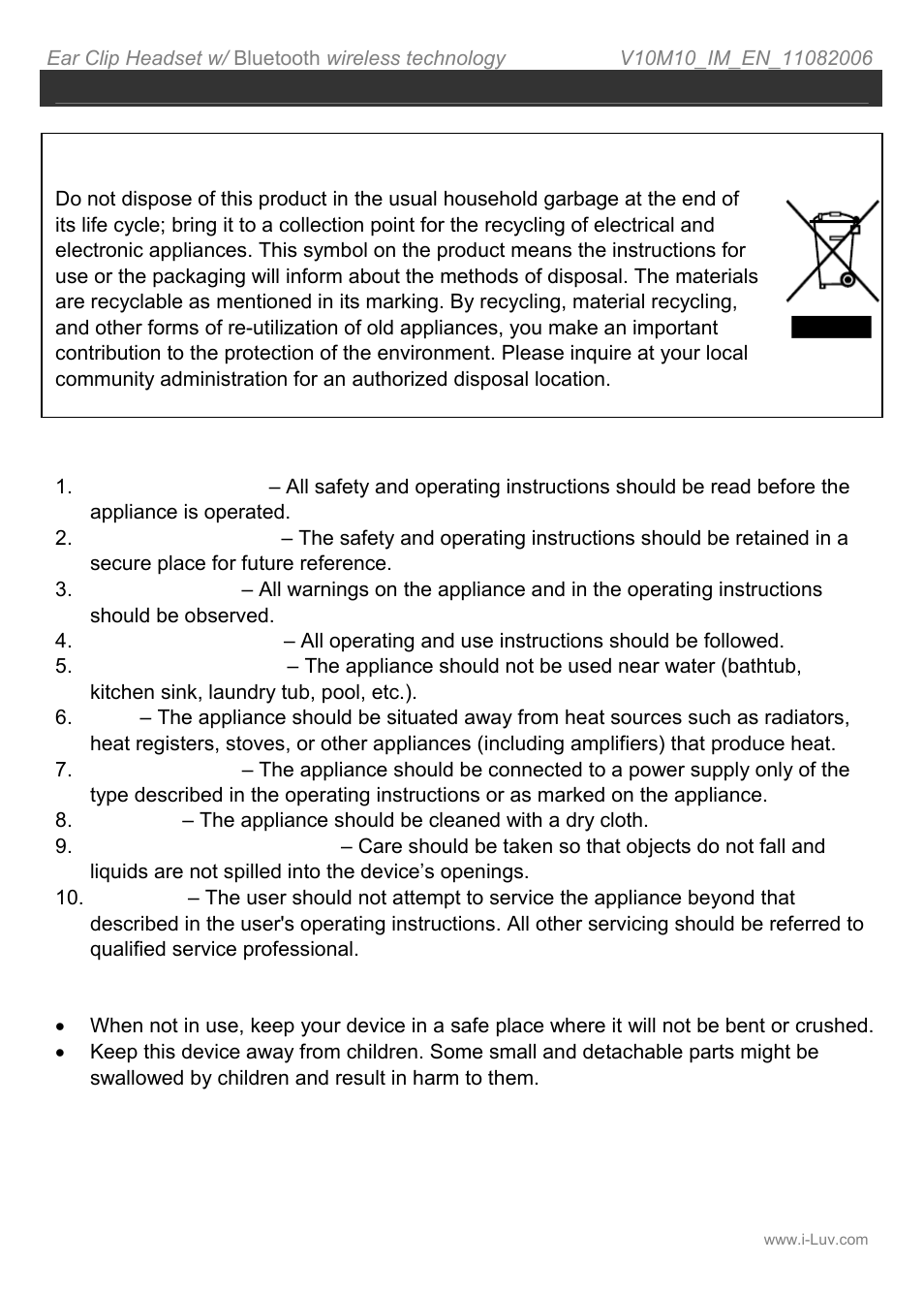 User safety guide, Important safety instructions | Iluv i212 User Manual | Page 2 / 19