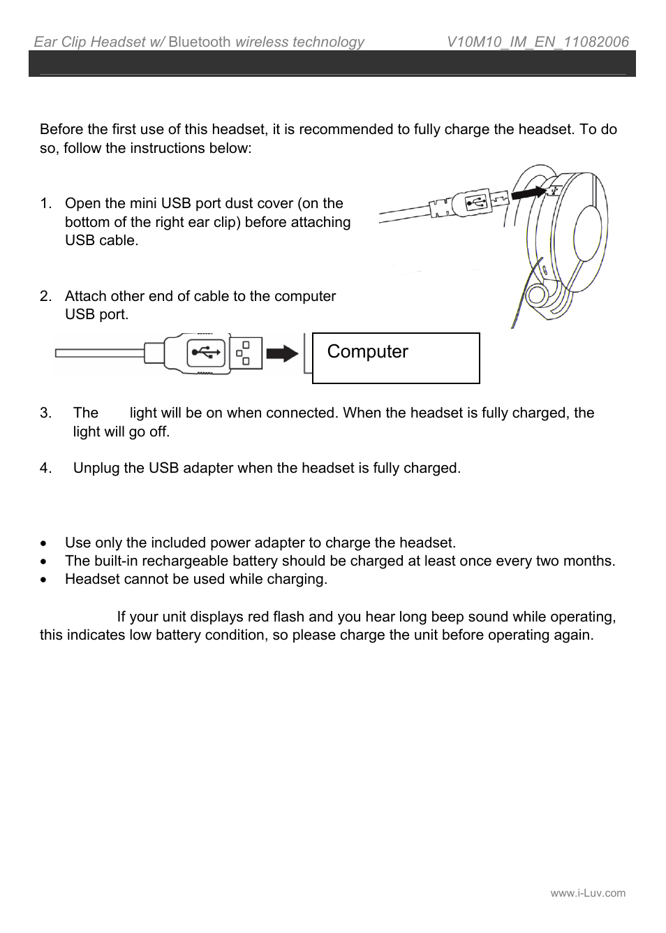 Getting started charging the headset, Computer | Iluv i212 User Manual | Page 8 / 19