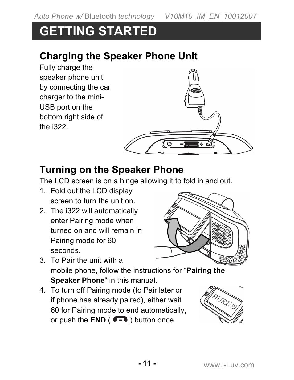 Getting started, Charging the speaker phone unit, Turning on the speaker phone | Iluv ii322 User Manual | Page 12 / 24