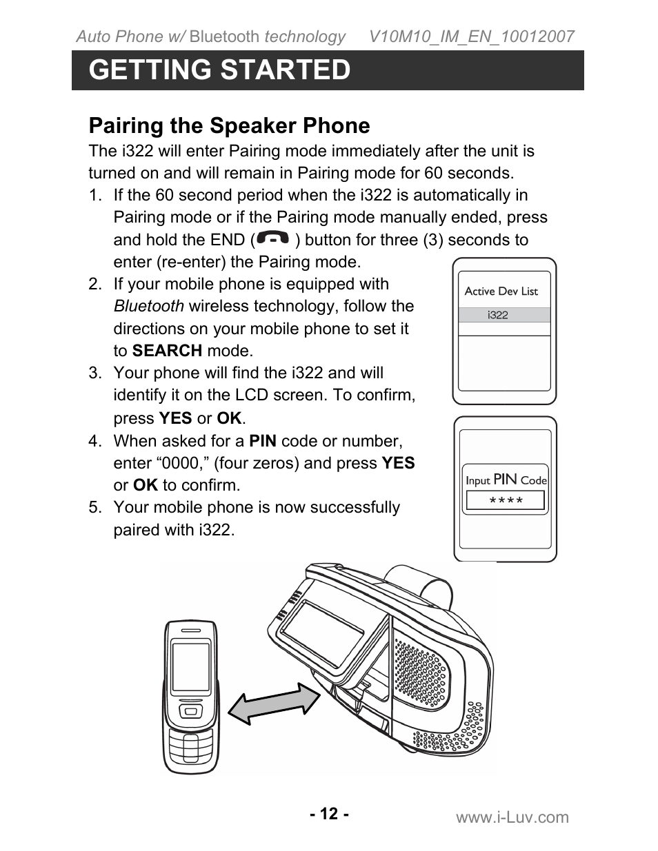 Getting started, Pairing the speaker phone | Iluv ii322 User Manual | Page 13 / 24