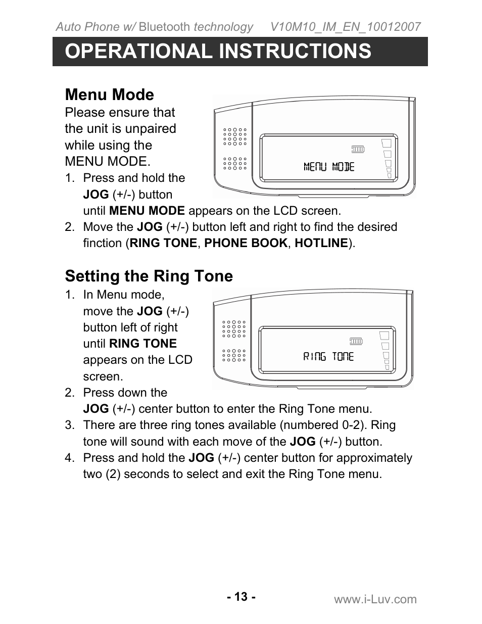 Operational instructions, Menu mode, Setting the ring tone | Iluv ii322 User Manual | Page 14 / 24