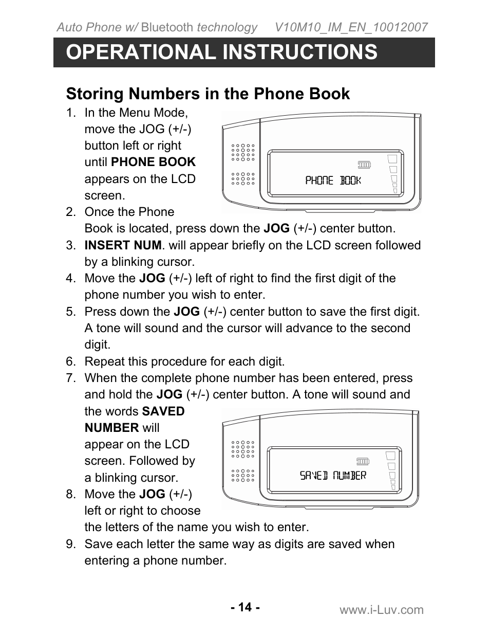 Operational instructions, Storing numbers in the phone book | Iluv ii322 User Manual | Page 15 / 24