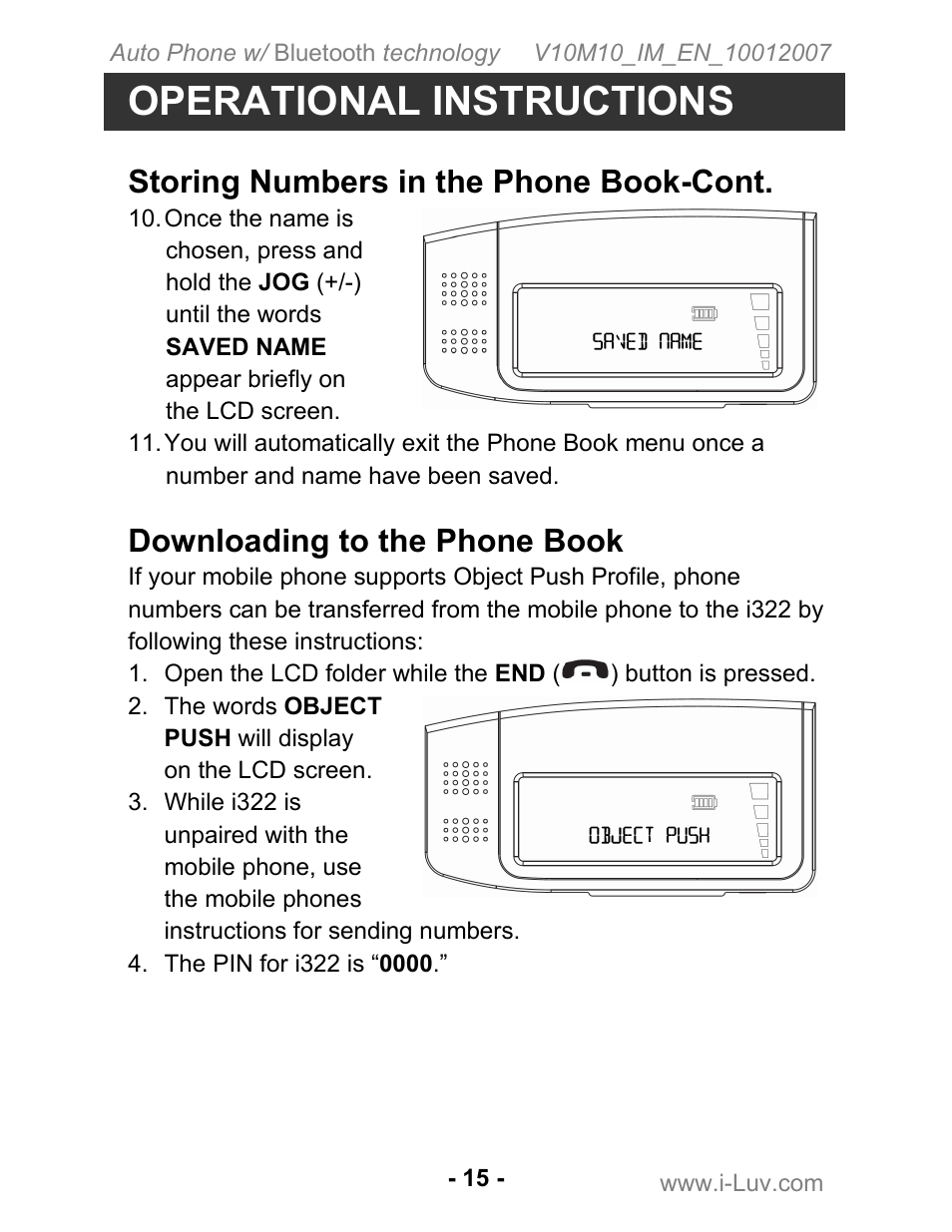 Operational instructions, Storing numbers in the phone book-cont, Downloading to the phone book | Iluv ii322 User Manual | Page 16 / 24