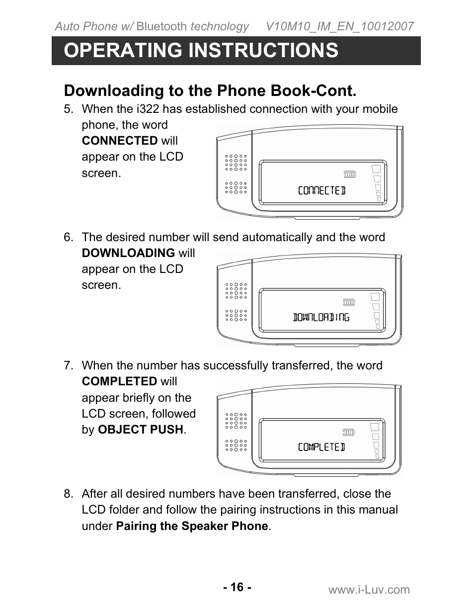 Operating instructions, Downloading to the phone book-cont | Iluv ii322 User Manual | Page 17 / 24