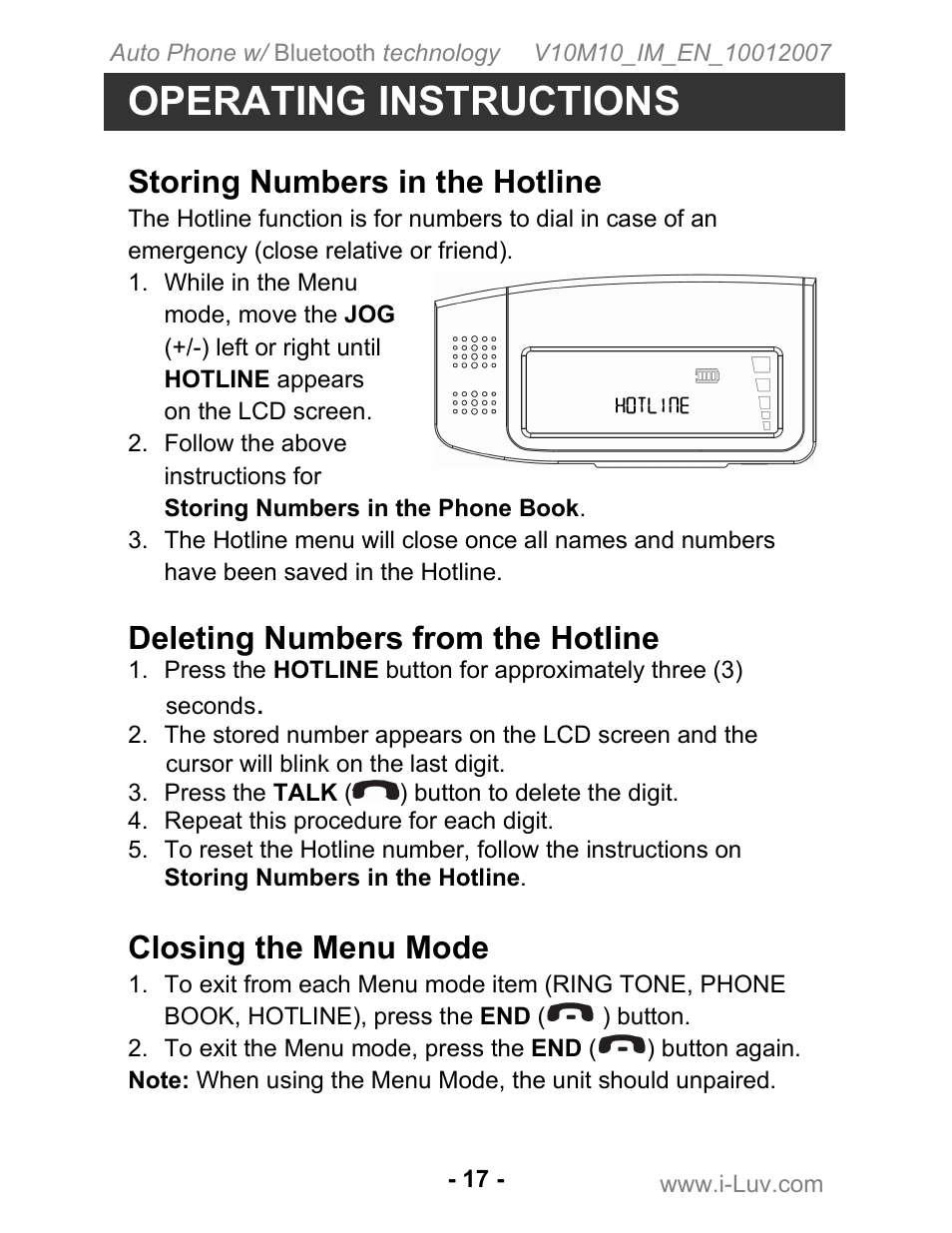 Operating instructions, Storing numbers in the hotline, Deleting numbers from the hotline | Closing the menu mode | Iluv ii322 User Manual | Page 18 / 24