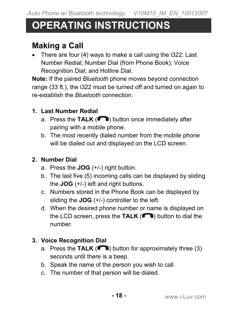 Operating instructions, Making a call | Iluv ii322 User Manual | Page 19 / 24