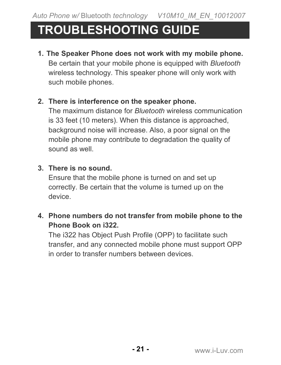 Troubleshooting guide | Iluv ii322 User Manual | Page 22 / 24