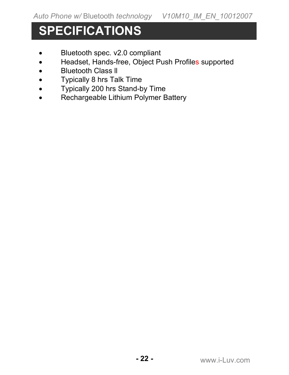 Specifications | Iluv ii322 User Manual | Page 23 / 24