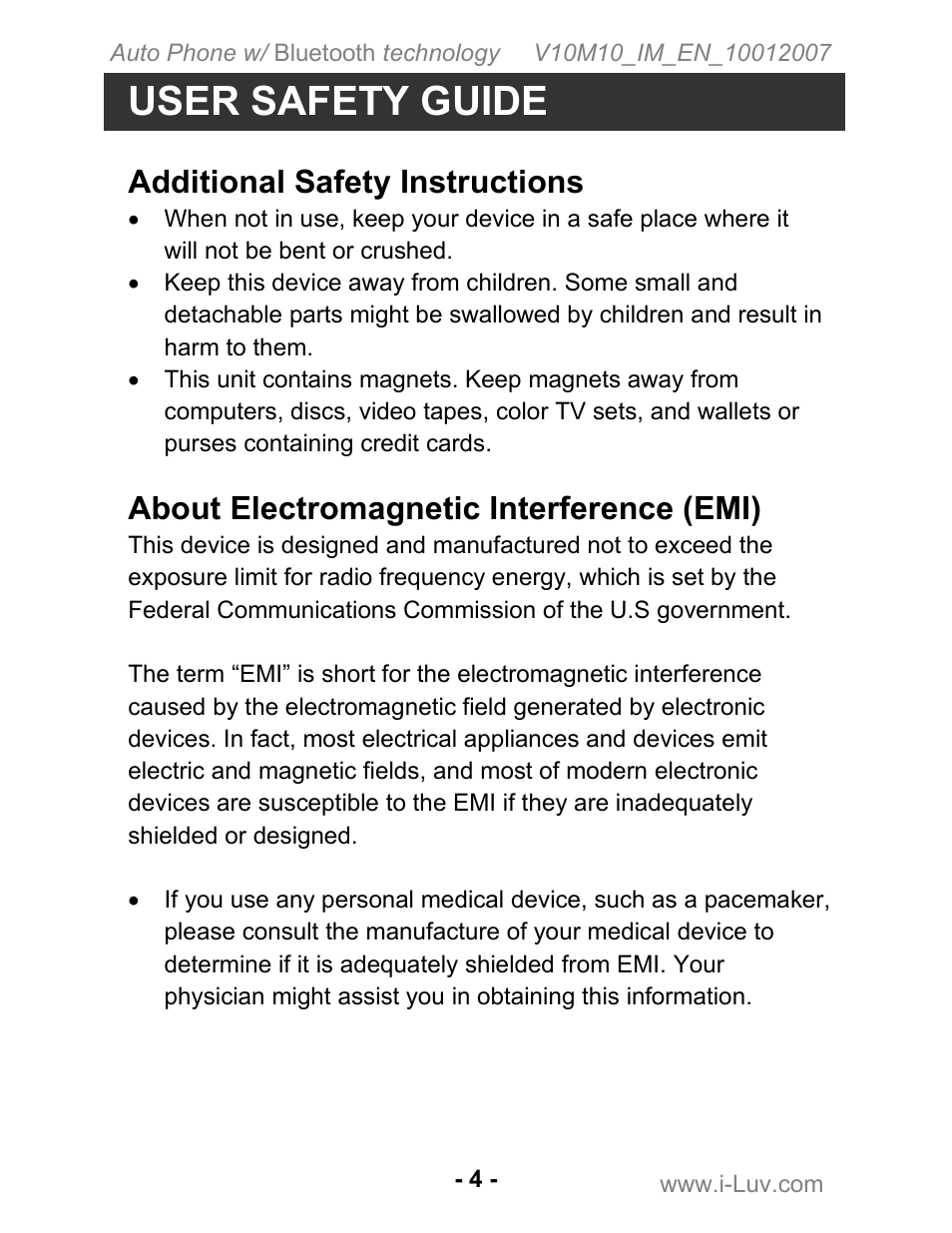 User safety guide, Additional safety instructions, About electromagnetic interference (emi) | Iluv ii322 User Manual | Page 5 / 24