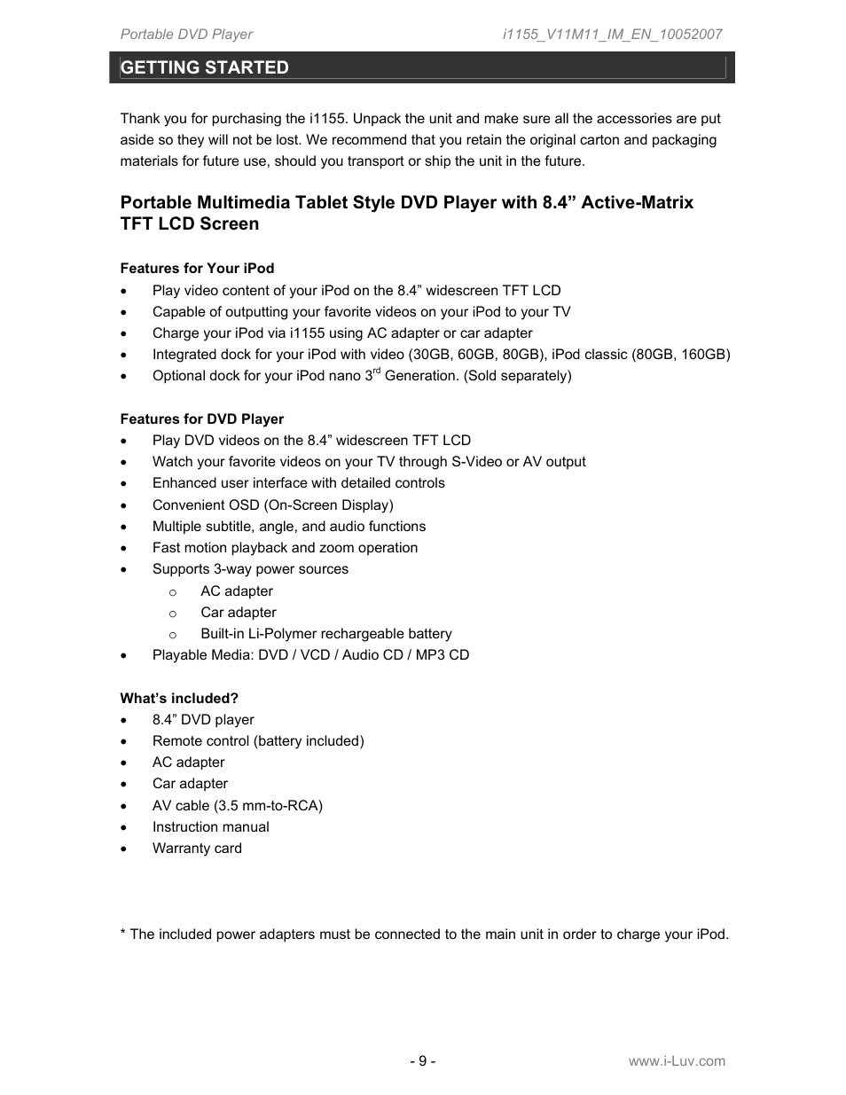 Getting started | Iluv i1155 User Manual | Page 10 / 32