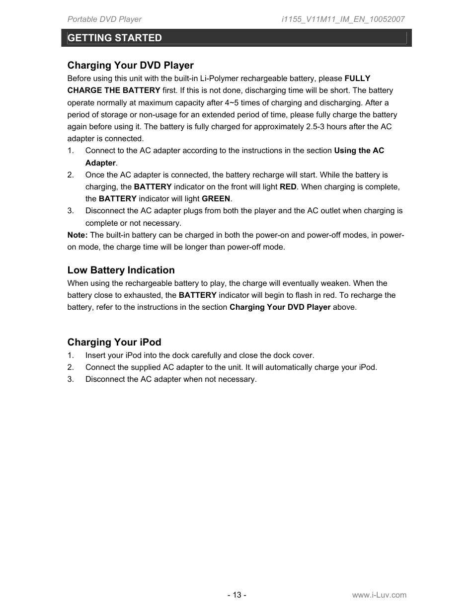 Getting started, Charging your dvd player, Low battery indication | Charging your ipod | Iluv i1155 User Manual | Page 14 / 32